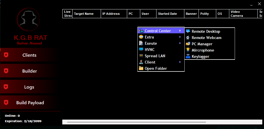 KGB Remote Administration Tool Main Control Panel Interface - Professional Windows Remote Access by SHOZAB HAXOR